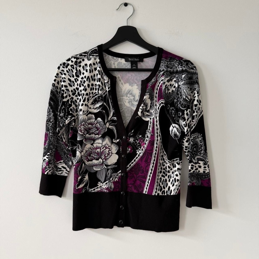 White House Black Market Cardigan Womens S Floral Print Snap Front
